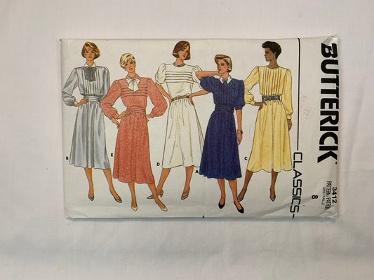 Butterick Sewing Pattern 3412 Misses' Dress, Cummerbund, Long/Short Sleeves, Zipper Back, Loose-Fitting, Elastic Waist, Size 8, Uncut, Vintage 1985