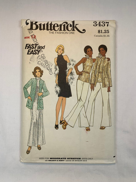 Butterick Sewing Pattern 3437 Misses' Sweater, Dress, Top, Pants, Pockets, Two Lengths, Sleeveless, Size 12, Cut, Vintage 1970