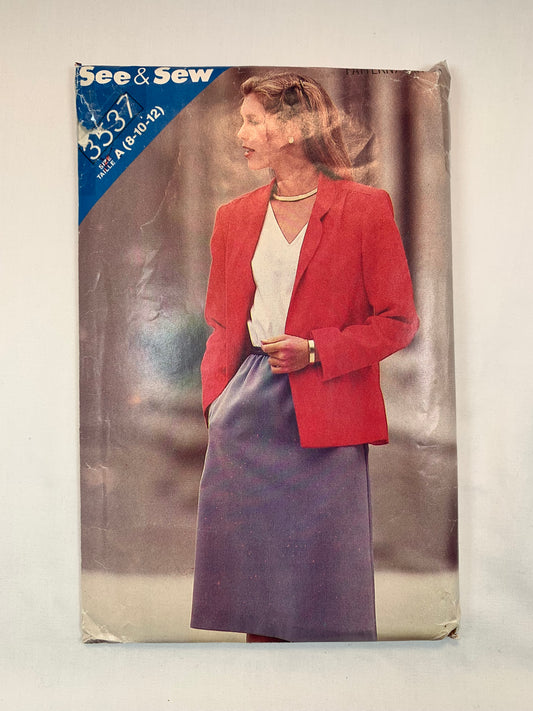 Butterick Sewing Pattern 3537 Misses' Dress, Jacket, Loose-Fitting, Shoulder Pads, Long Sleeves, Collar, Elastic Waist, Size 8-12, Uncut, Vintage 1980