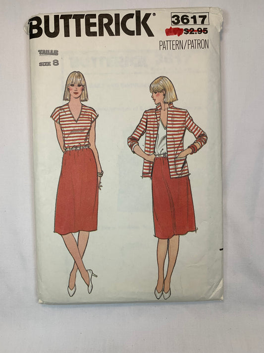 Butterick Sewing Pattern 3617 Misses' Dress, Jacket,Loose-Fitting, Shoulder Pads, Pockets, Long/Short Sleeves, Size 8, Cut, Vintage 1980