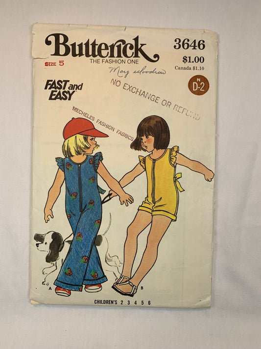 Butterick Sewing Pattern 3646 Children's/Girls' Jumpsuit, Semi-Fitted, Short Sleeves, Zipper Front, Two Lengths, Size 5, Cut, Vintage 1970