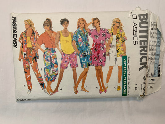 Butterick Sewing Pattern 3708 Misses' Petite Shirt, Tank Top, Shorts, Pants, Loose-Fitting, Pocket, Pullover, Size 16-22, Cut, Vintage 1989
