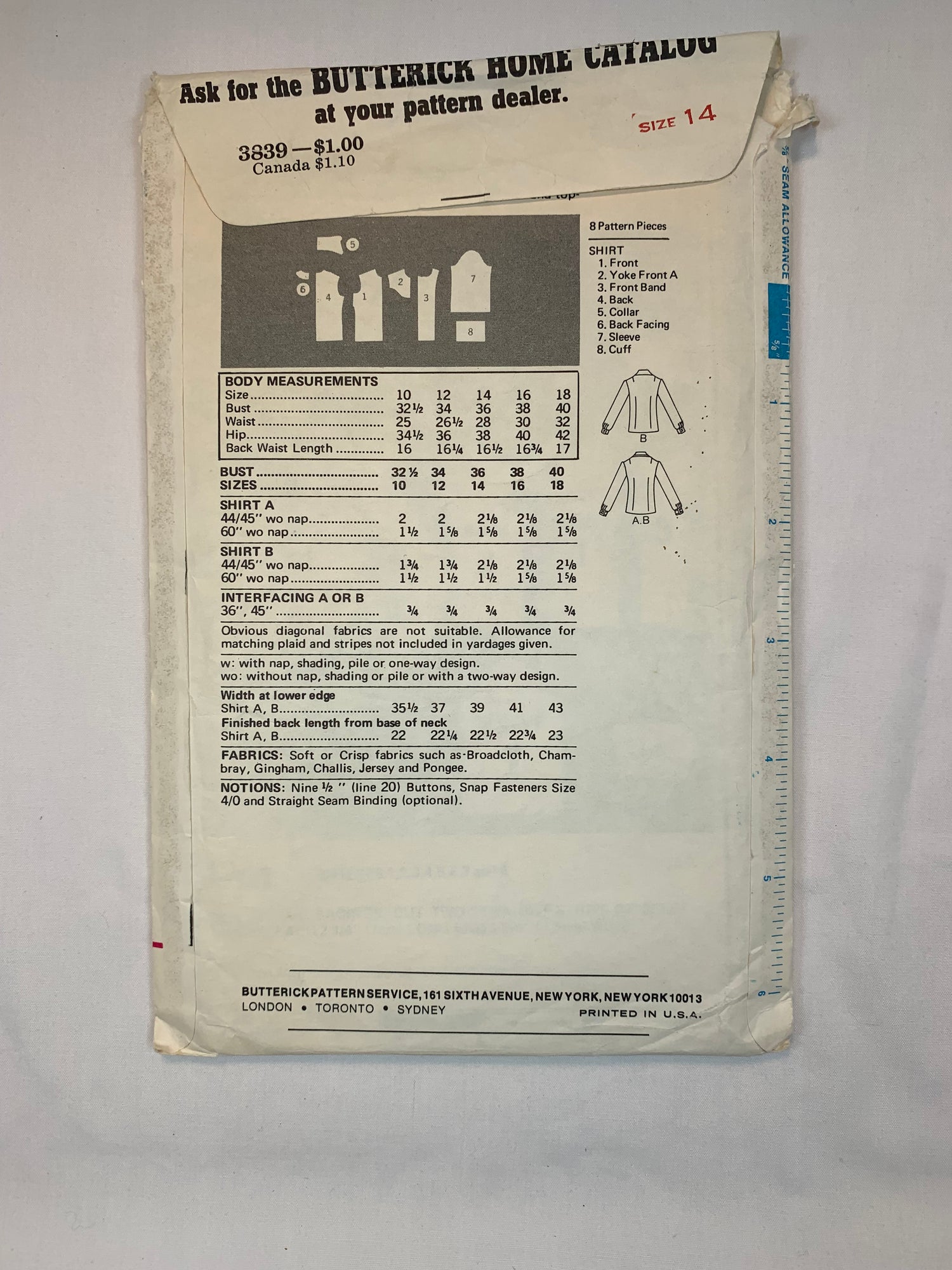 Butterick Sewing Pattern 3839 Misses' Top, Button Front, Long Sleeves, Collar, 3 Variations, Darts, Size 14, Cut, Vintage 1970