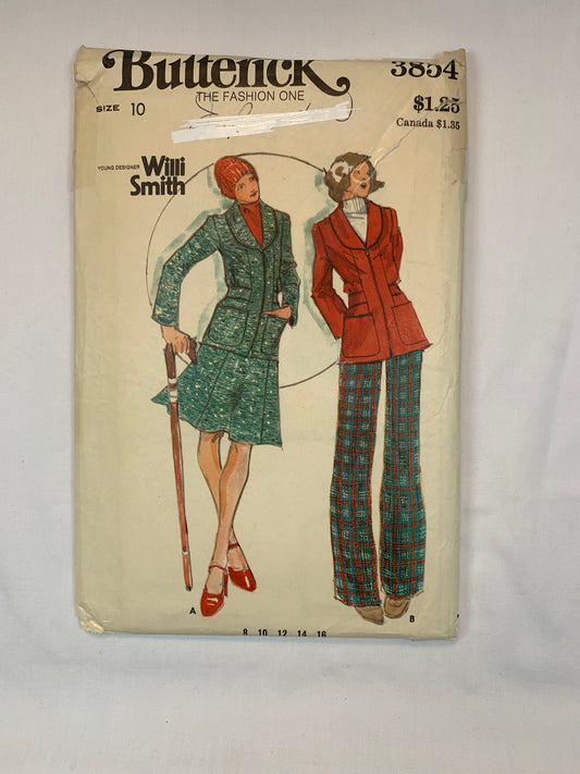 Butterick Sewing Pattern 3854 Willi Smith, Misses' Jacket, Skirt, Pants,Unlined, Shawl Collar, Pockets, Front Zipper, Size 10, Uncut, Vintage 1970
