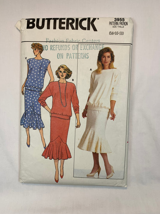 Butterick Sewing Pattern 3955 Misses' Top, Skirt, Loose-Fitting, Pullover, Shoulder Pads, Zipper Back, Size 14-16, Cut, Vintage 1986