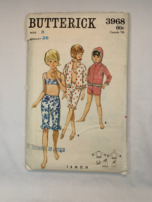 Butterick Sewing Pattern 3968 Girls' Swimsuit, Bathing Suit, Beach Jacket, Hood, Shoulder Straps, Elastic Waist, Size 8, Cut, Vintage 1960