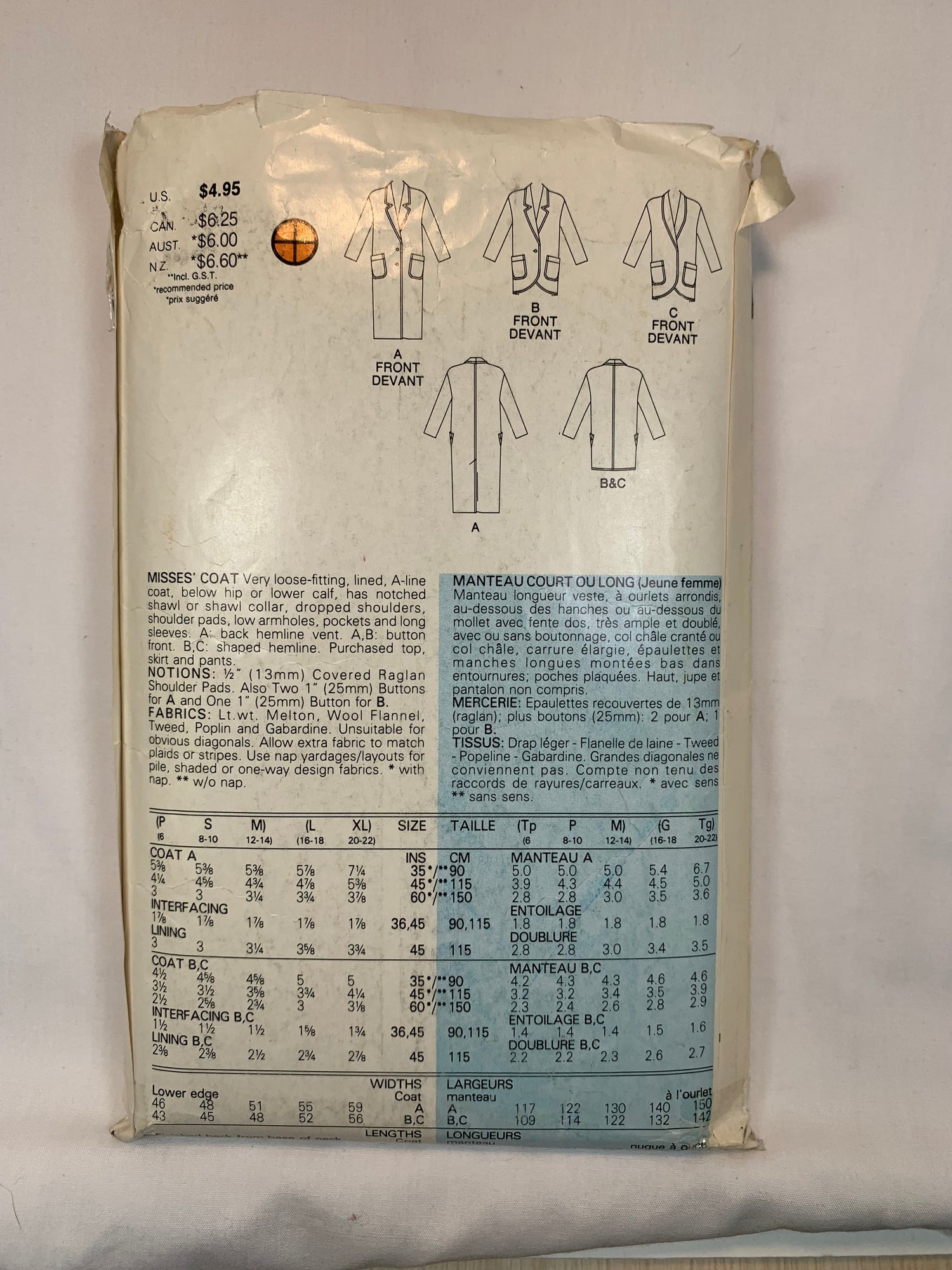Butterick 4039 Misses' Jacket, Coats, Size 6-14, Cut, Vintage 1986