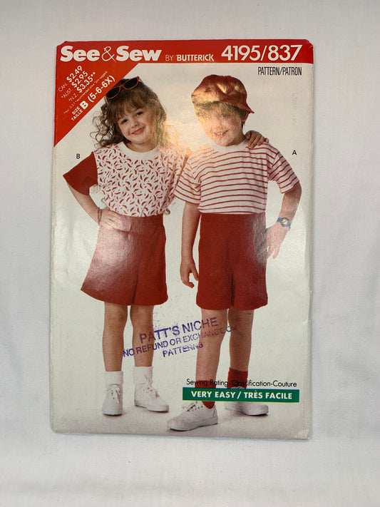 Butterick 4195 See & Sew, Children's Top, Shorts, Size 5-6x, Uncut, Vintage 1989