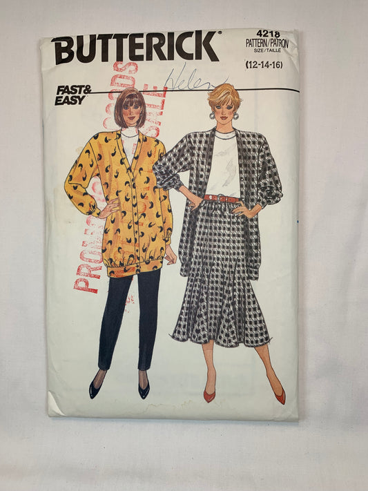 Butterick 4218 Misses' Jacket, Skirt, Pants, Size 12-16, Uncut, Vintage 1986