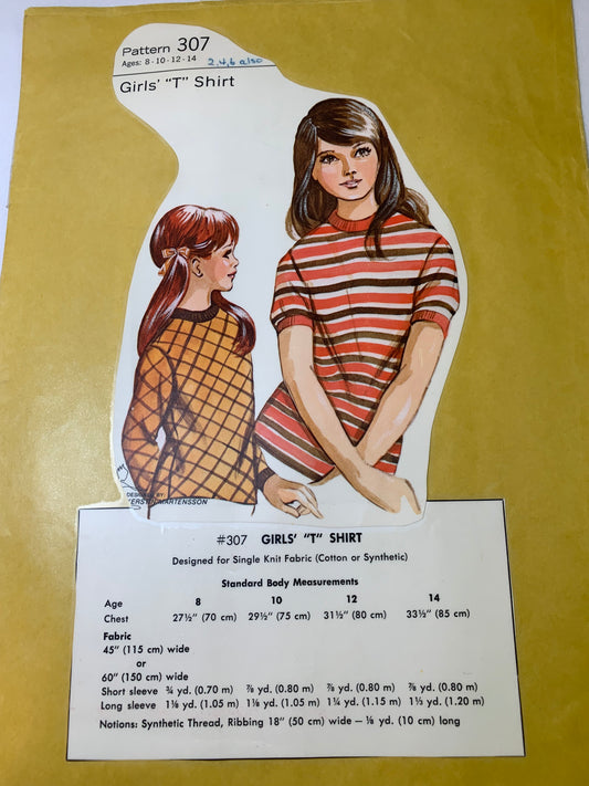 KWIK Sewing Pattern 307 Girls'' T-Shirt, Long/Short Sleeves, Pullover, Size 8-14, Cut, Vintage 1980