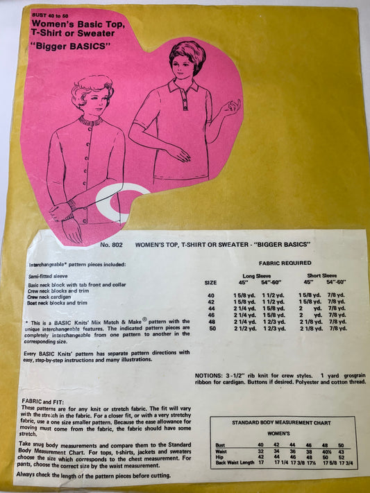 Basic Knits Sewing Pattern 802 Women's T-Shirt, Sweater, Top, Pullover, Button Front, Long/Short Sleeves, Bigger Sizes 40-50, Uncut, Vintage 1970