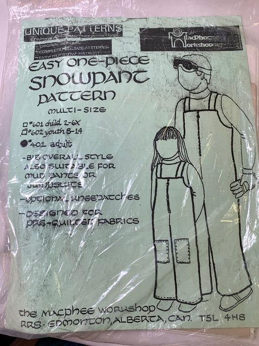 Unique Sewing Patterns Designer 401 Snowpants , One-Piece, Bib Overall, Mud Pants, Jumpsuits, Kneepatches, MacPhee Workshop, Zipper Front, Adult Multi Size, Vintage 1980