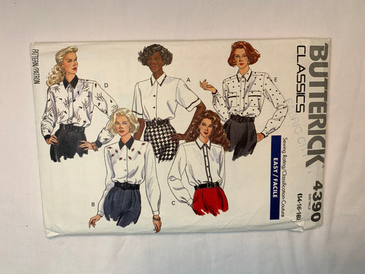 Butterick 4390 Misses' Blouse, Size 14, Cut, Vintage 1989