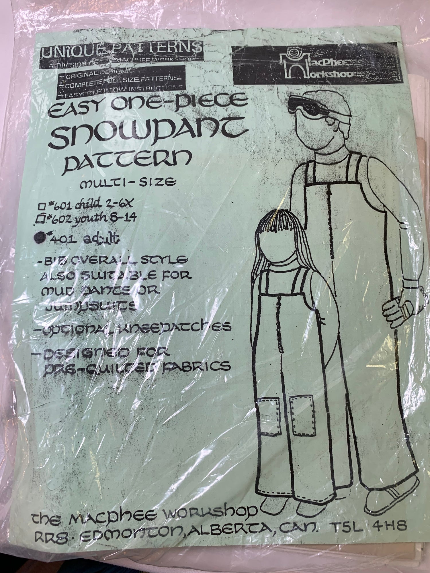 Unique Sewing Patterns Designer 401 Snowpants , One-Piece, Bib Overall, Mud Pants, Jumpsuits, Kneepatches, MacPhee Workshop, Zipper Front, Adult Multi Size, Vintage 1980