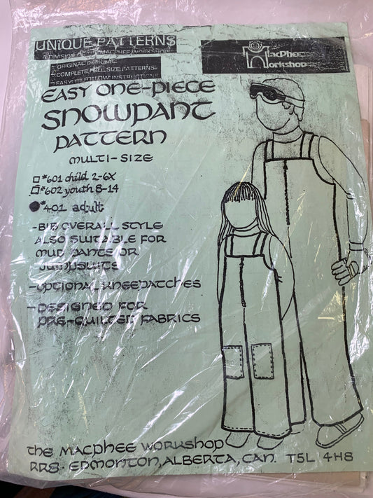 Unique Sewing Patterns Designer 401 Snowpants , One-Piece, Bib Overall, Mud Pants, Jumpsuits, Kneepatches, MacPhee Workshop, Zipper Front, Adult Multi Size, Vintage 1980
