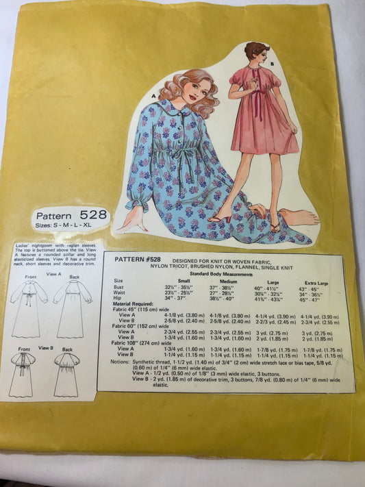 KWIK Sewing Pattern 528 Misses' Sleepwear, Nightgown, 2 Lengths, Long/Short Raglan Sleeves, Size 32-45, Tie Waist, Uncut, Vintage 1989