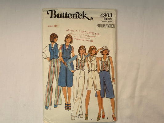 Butterick 4803 Misses' Vest, Culottes, Shorts, Pants, Size 12, Uncut, Vintage 1970