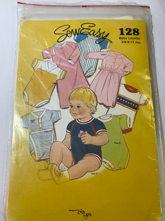 Sew Easy Sewing Pattern 128 Infant/Baby Layette, Romper, Clothes, Nightgown, Long/Short Sleeves, Sleeveless, Size 3-12 Months, Uncut, Vintage 1982