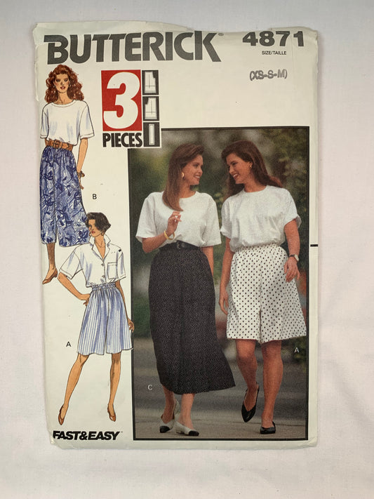 Butterick Sewing Pattern 4871 Misses' Shorts, Culottes, Three Lengths, Elastic Waist, Pull-One, Size 6-14, Cut, Vintage 1990