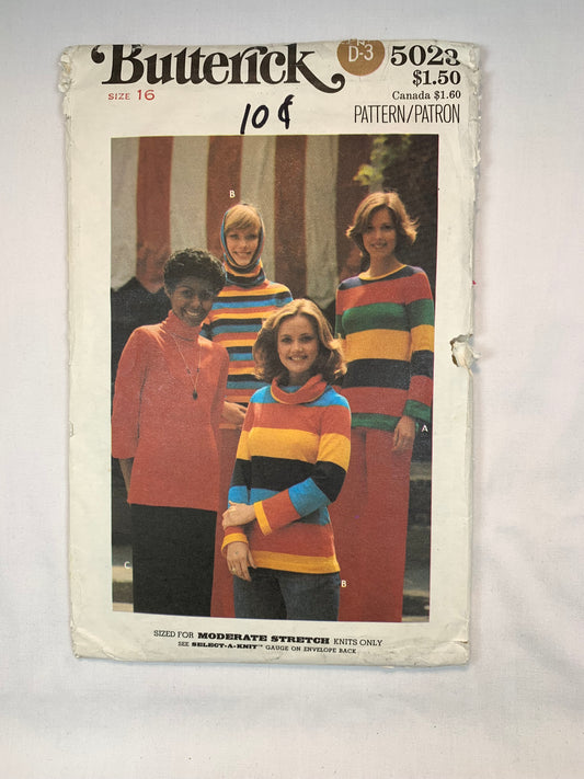 Butterick 5023 Misses' Tops, Size 16, Uncut, Vintage 1980