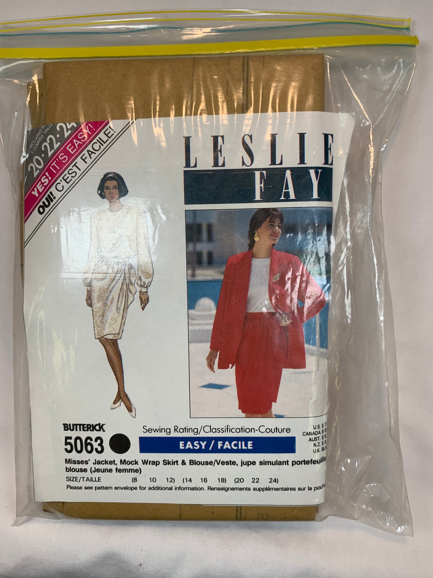 Butterick 5063 Misses' Jacket, Mock Wrap Skirt, Blouse, Size 22-24, Uncut, Vintage 1990