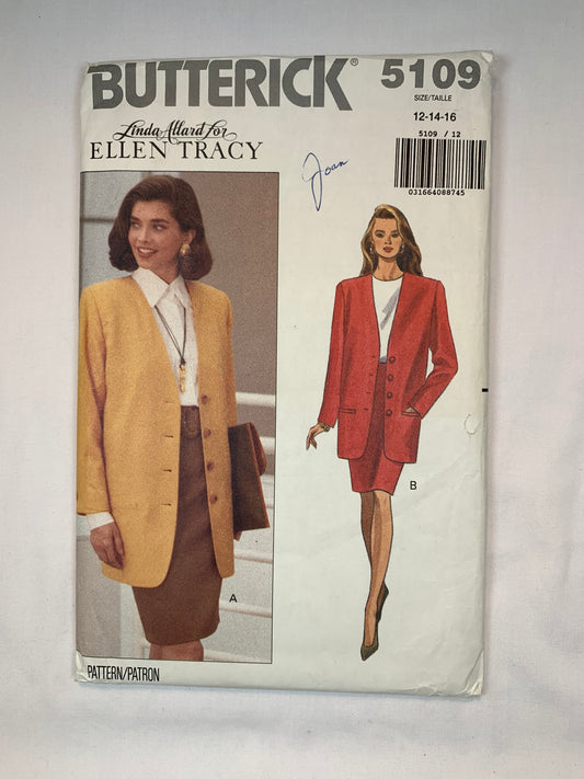 Butterick 5109 Misses' Jacket, Skirt, Size 12-16, Cut, Vintage 1990