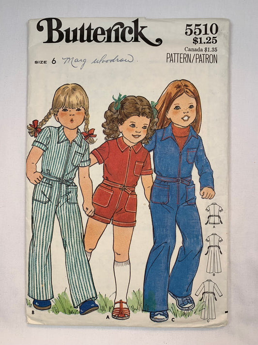 Butterick 5510, Toddler Jumpsuit, Size 6 Cut, Vintage 1970