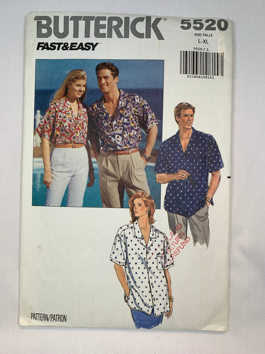 Butterick 5520 Unisex Shirt Misses', Men's, Size 16-22, Uncut, Vintage 1991