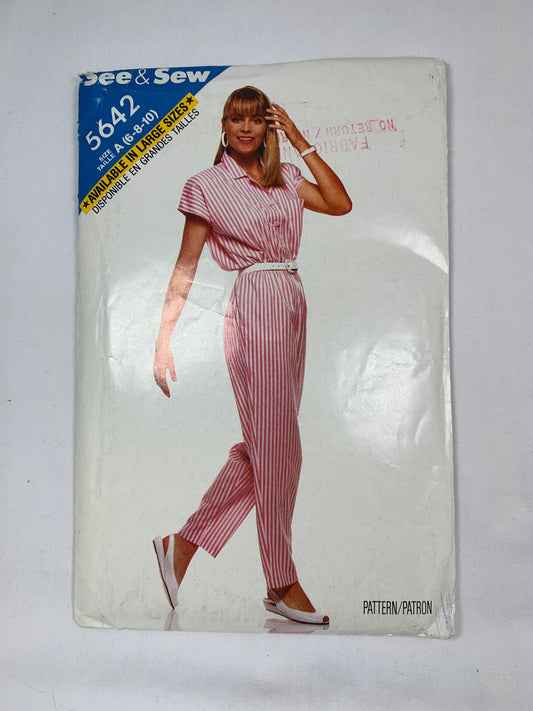 Butterick 5642 See & Sew Misses' Jumpsuit, Size 6-10, Cut, Vintage 1987