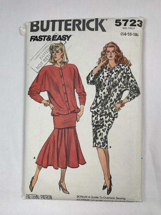 Butterick 5723 Misses' Top, Skirt, Size 14-18, Cut, Vintage 1987