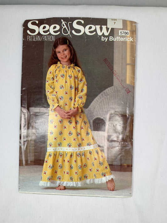 Butterick See & Sew 5786, Girls' Nightgown, Size 7, Cut, Vintage 1987
