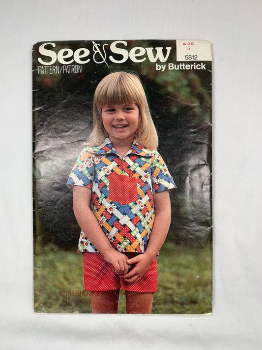 Butterick 5812 See & Sew, Girls' Top, Shorts, Size 5, Cut, Vintage 1989