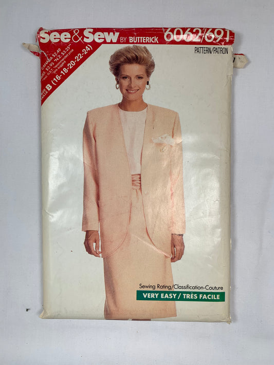 Butterick 6062 Misses' Petite Jacket, Skirt, Top, Size 16-20 Cut, Vintage 1988