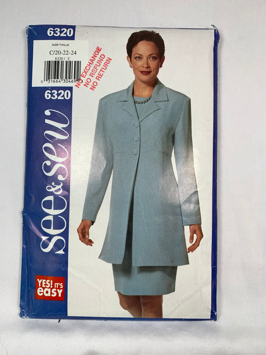 Butterick 6320 Misses' Petite Jacket, Dress, Size 20-24, Uncut, Vintage 1999