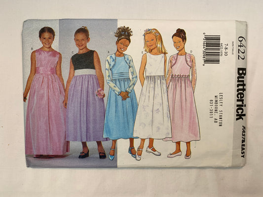 Butterick 6422 Girls' Shrug Jacket, Dress, Sash Size 7-10, Uncut, Vintage 1999