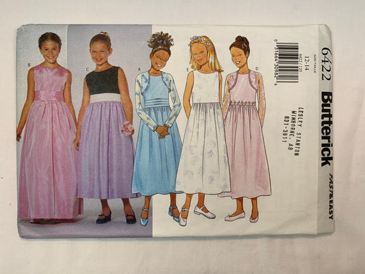 Butterick 6422 Girls' Shrug Jacket, Dress, Sash Size 12-14, Uncut, Vintage 1999