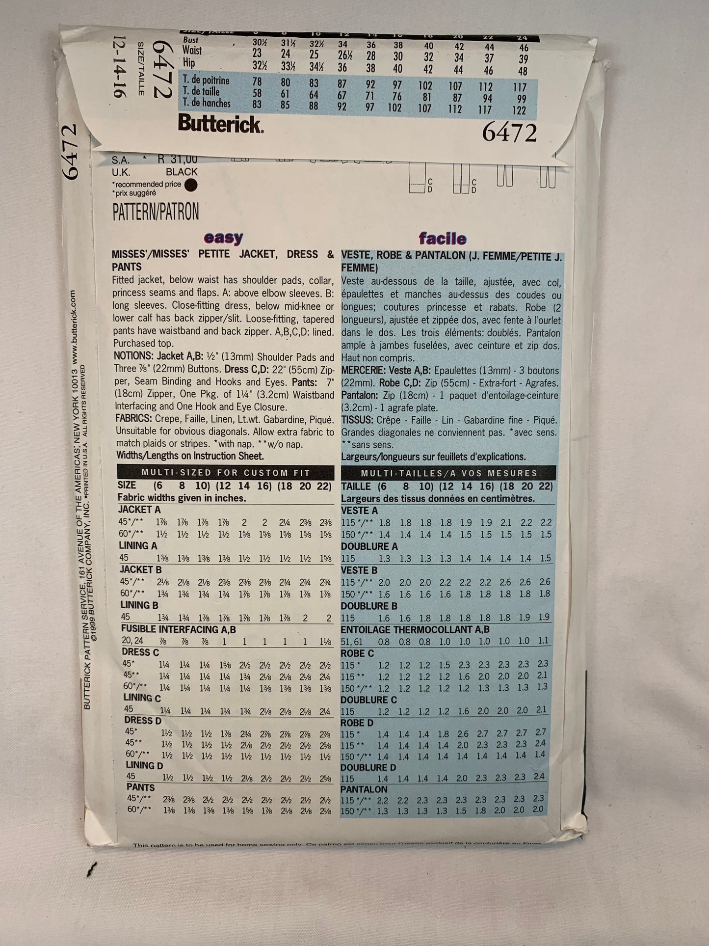 Butterick 6472 Misses' Petite Jacket, Dress, Pants, Size 12-16, Uncut, Vintage 1999