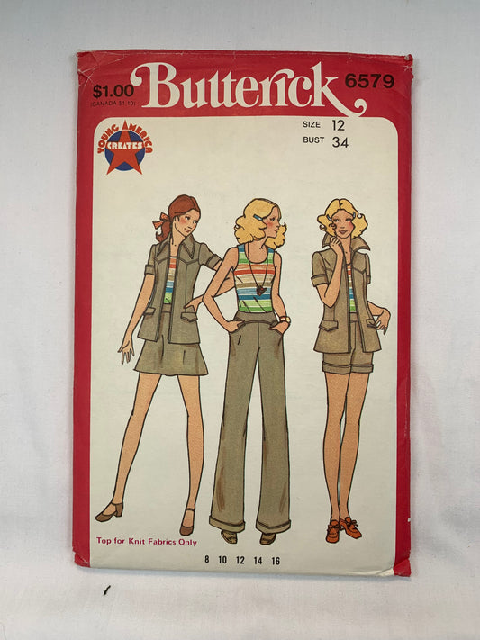 Butterick 6579 Misses' Jacket, Pants, Shorts, Skirt, Top, Size 12, Uncut, Vintage 1970