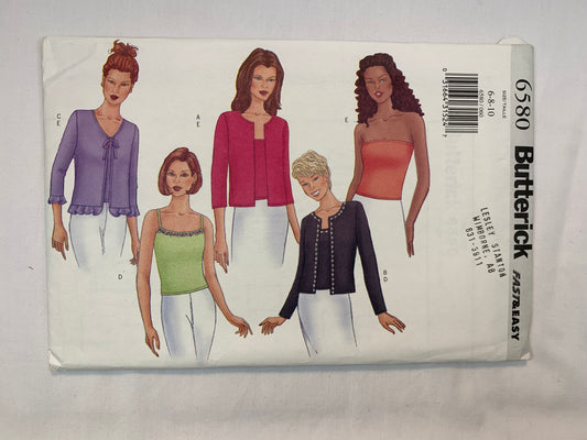 Butterick Sewing Pattern 6580 Misses'/Petite Cardigan, Top, Long Sleeves, Sleeveless, Close-Fitting, Size 6-10, Uncut, 2000