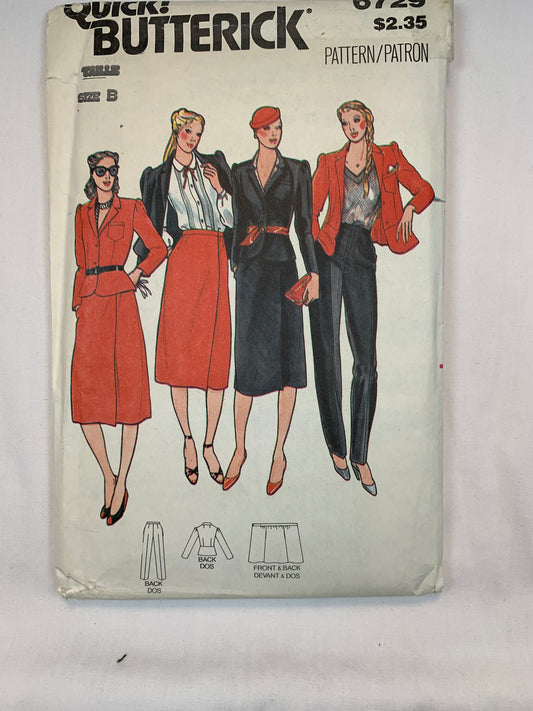 Butterick Sewing Pattern 6729 Misses'/Junior Petite Jacket, Skirt, Pants, Semi-Fitted, Shoulder Pads, Pockets, Dirndl, Size 9-13, Uncut, Vintage 1980