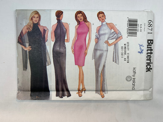 Butterick 6871 Misses' Junior Evening Dress, Top, Skirt, Scarf, Size 6-10, Uncut, 2000