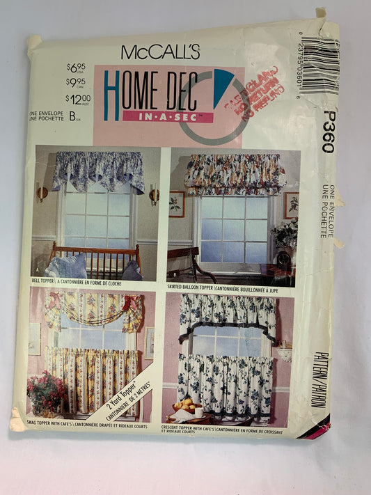 McCall's P360 Home Decor, Curtains, Window Coverings, Cut, Vintage 1992