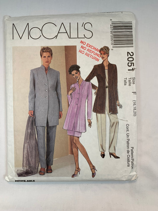 McCall's 2051 Misses' Lined Jacket, Pants, Skirt, Size 6-20, Cut, Vintage 1999