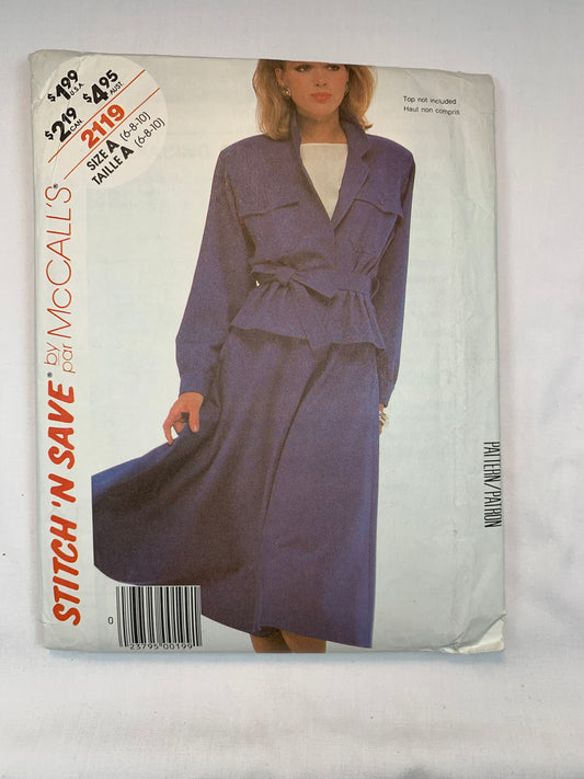 McCall's 2119 Misses' Jacket, Toe Belt, Skirt, , Size 6-10, Uncut, Vintage 1985