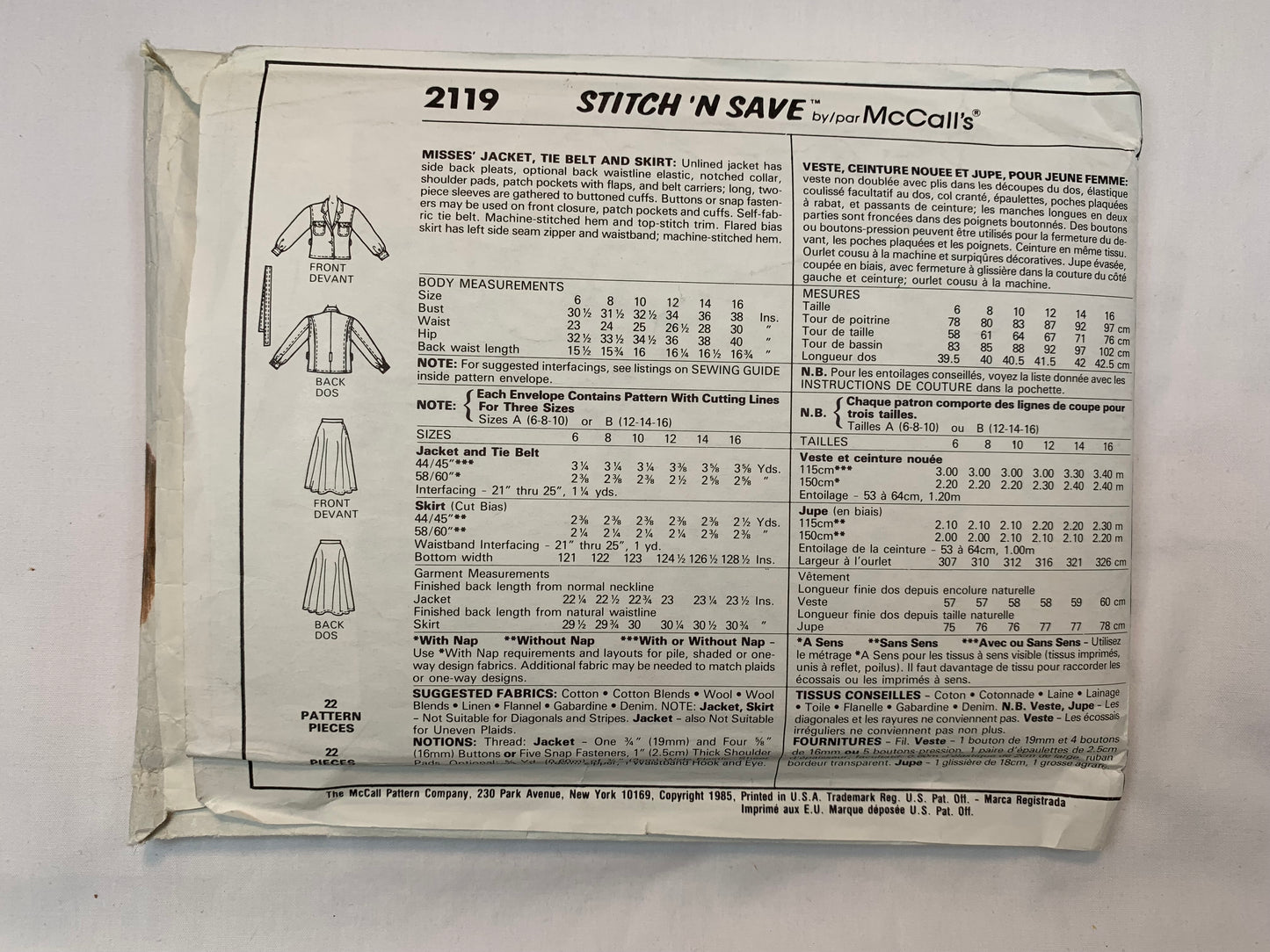 McCall's 2119 Misses' Jacket, Toe Belt, Skirt, , Size 6-10, Uncut, Vintage 1985