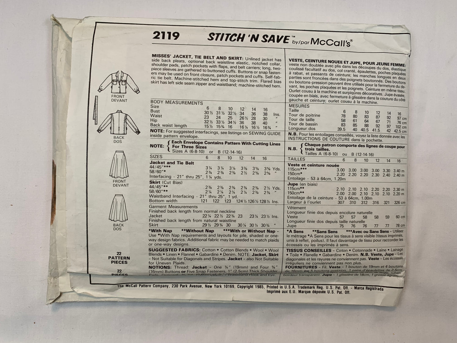 McCall's 2119 Misses' Jacket, Toe Belt, Skirt, , Size 6-10, Uncut, Vintage 1985