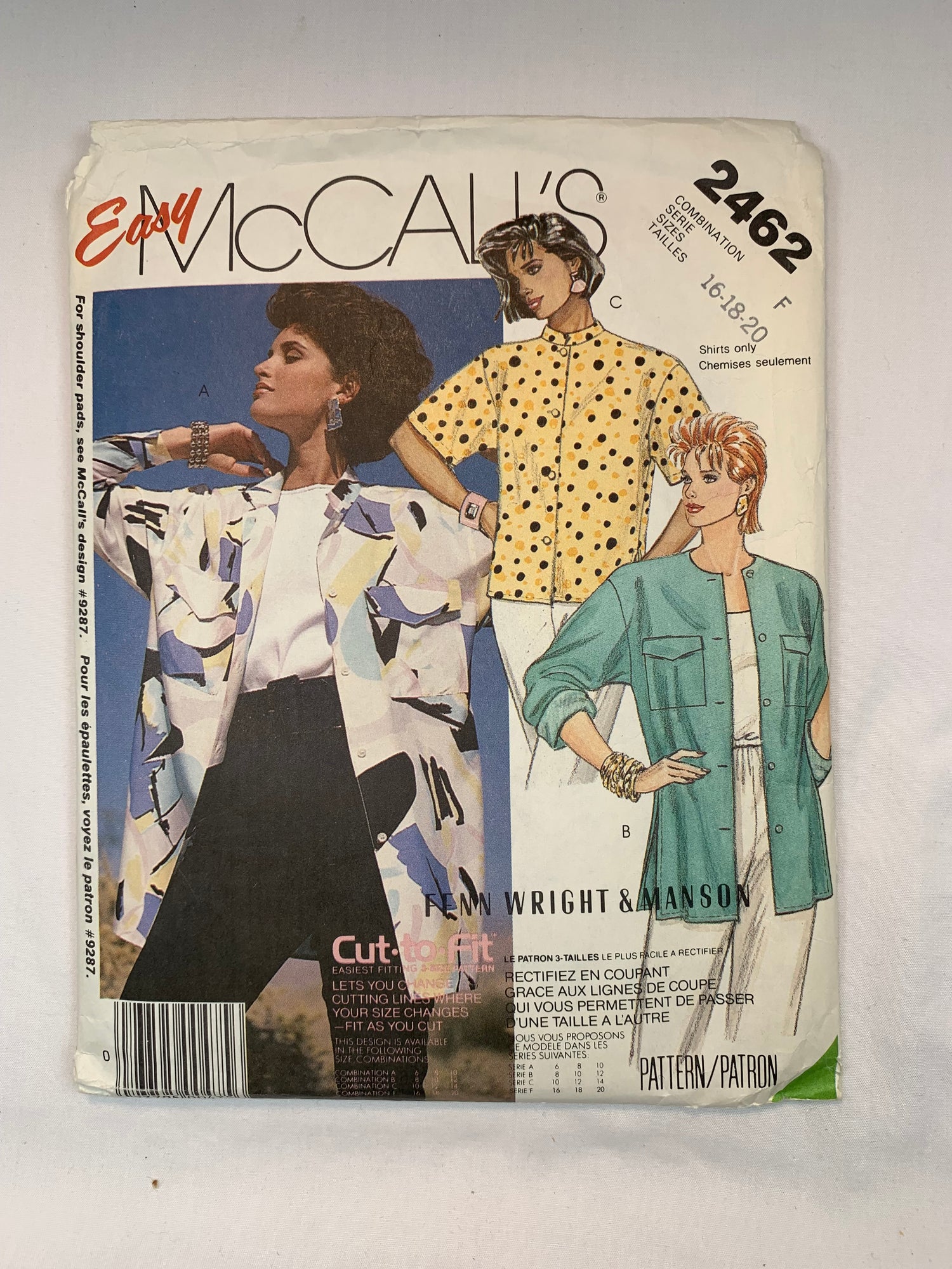 McCall's 2462 Misses' Shirts, Size 16-20, Cut, Vintage 1986