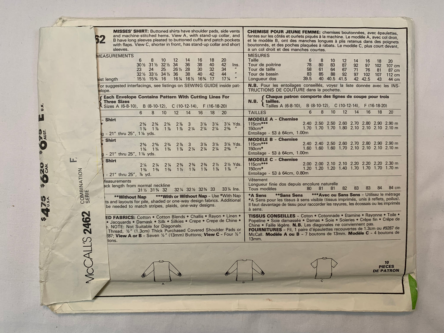 McCall's 2462 Misses' Shirts, Size 16-20, Cut, Vintage 1986