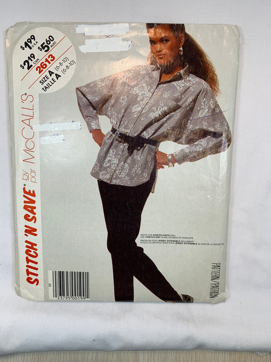 McCall's Sewing Pattern 2613 Misses' Shirt, Pants, Stretch Knits Only, Loose-Fitting, Long Sleeves, Shoulder Pads, Pockets, Stirrups, Size 6-8, Cut, Vintage 1986