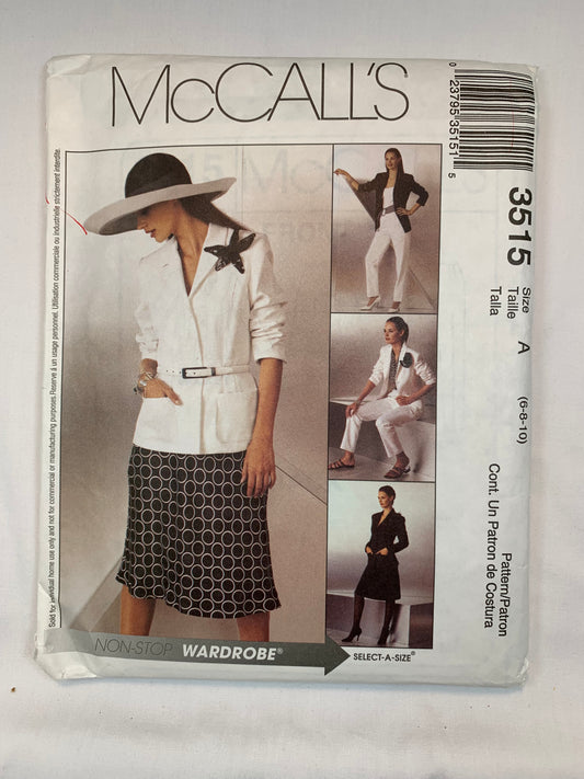 McCall's 3515 Misses'/Miss Petite Lined Jacket, Bias Skirt, Pants, Size 6-10, Uncut, 2002